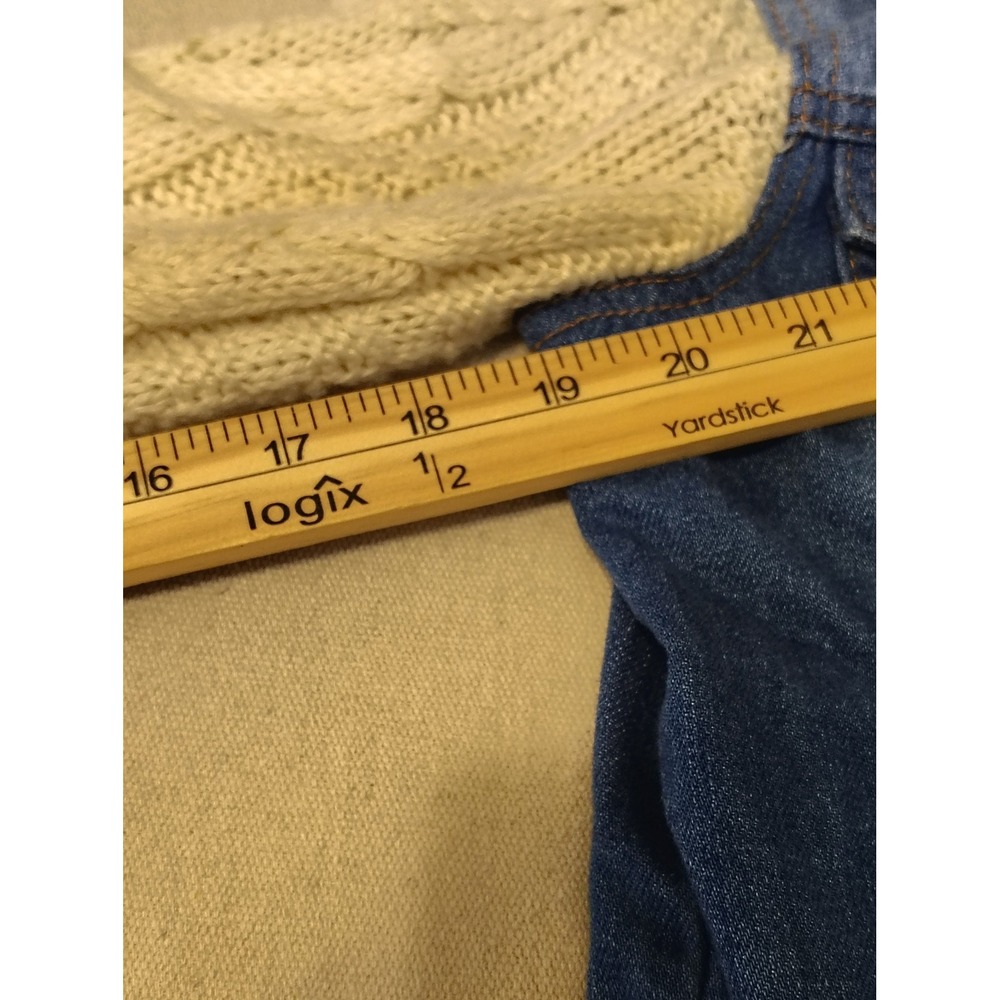 Forever 21 Denim Jacket Cream Knit Sleeve Combo Trucker Style Blue - Picture 6 of 8
